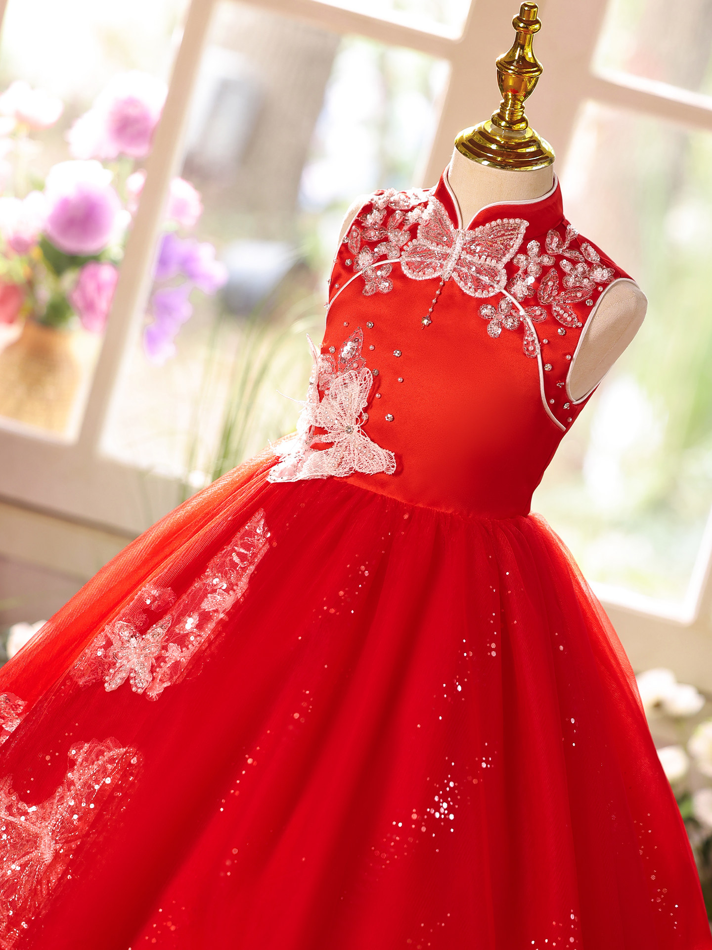 Yinmanqi Children's Dress New Style Girls' Heavy Embroidery Chinese Style Performance Dress Host Red Evening Dress