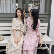 姐妹装网红裙子气质V领雪纺裙子闺蜜装