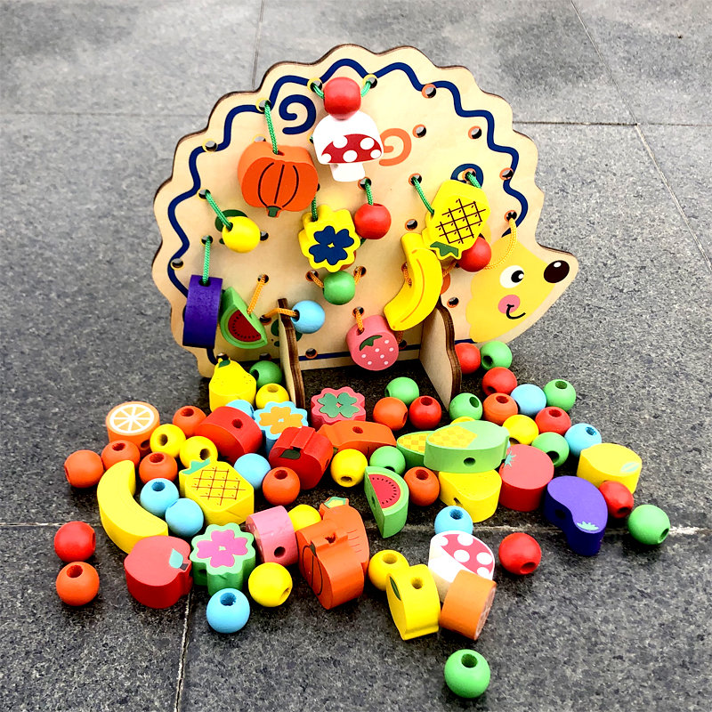 Wooden educational children's toys hedgehog fruit beaded thread rope hands-on rope game early education building block quality