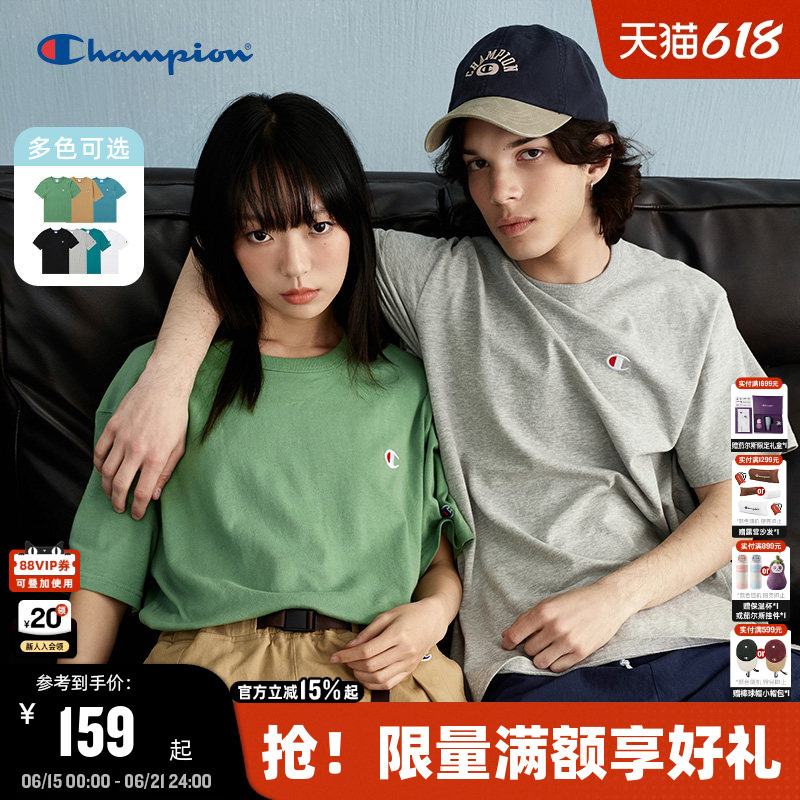 Champion Short-Sleeved Men's Summer New Embroidered Round Neck T-Shirt Women's Loose Casual Pure Cotton American Fashion Brand
