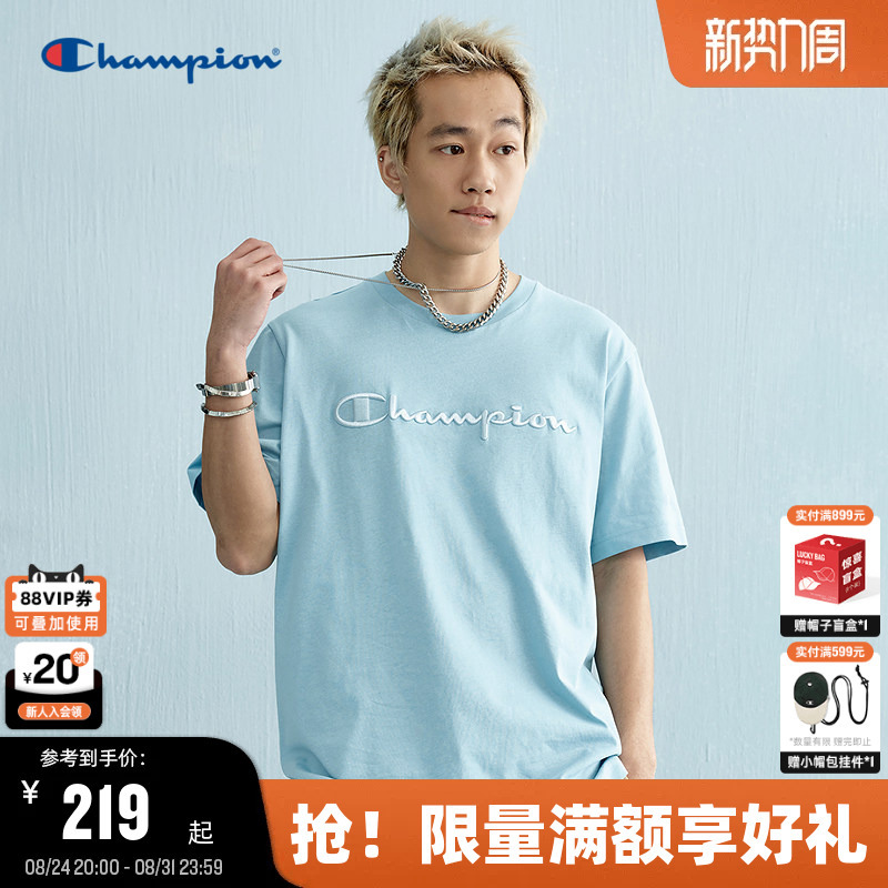 Champion Pure Cotton Couple Short-Sleeve T-Shirt for Men, New Summer Style with 3D Embroidery, American-Style Crew Neck, Trendy Brand for Women