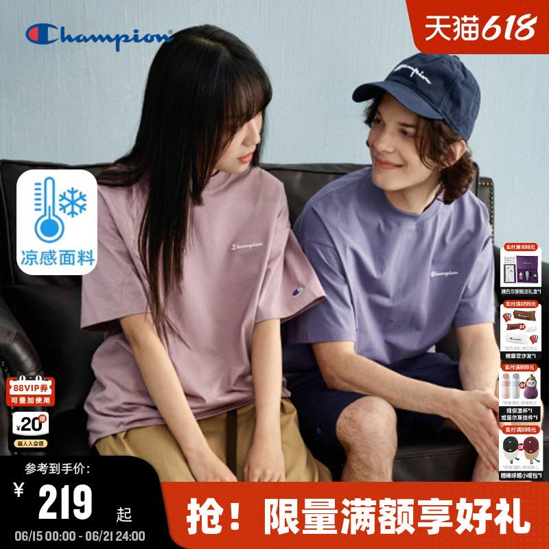 [Cool Feeling] Champion Short-Sleeved T-Shirt for Men, New Summer Style, Embroidered, Loose Fit, Couple's Macaron Color
