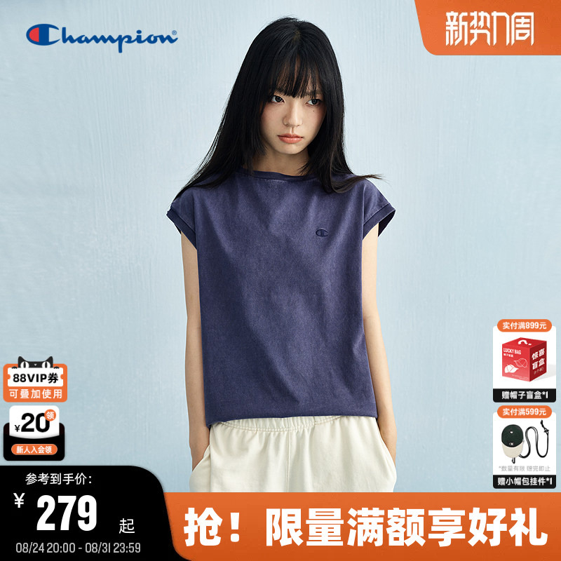 Champion Women's Short-Sleeve 25 Summer Sleeveless Denim-Style Vintage T-Shirt Pure Cotton Champion Women's Short-Sleeve 25 Summer Sleeveless Denim-Style Vintage T-Shirt Pure Cotton