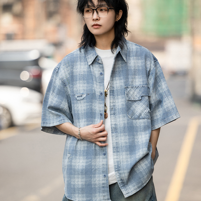 Yuri Tip Summer Japanese Retro Washed Plaid Denim Short-Sleeved Shirt for Men and Women, Loose Casual Half-Sleeve Shirt