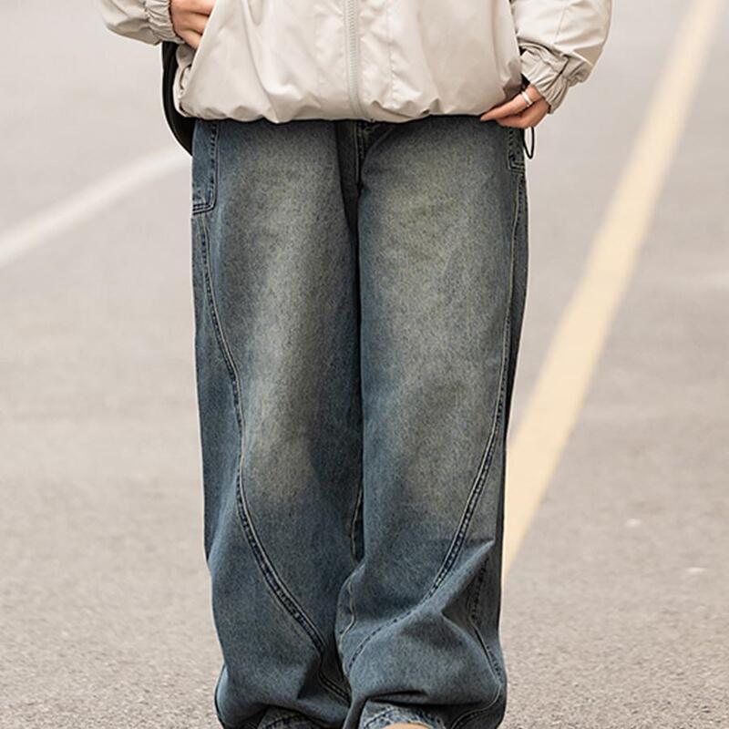 Yili Tip American Retro Washed High Street Light Blue Floor-Length Jeans Unisex Loose Scimitar Cut Casual Pants
