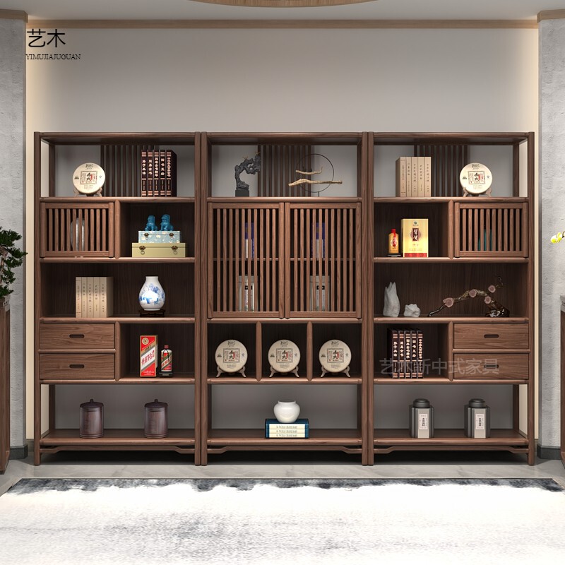 New Chinese-Style Black Walnut Wood Display Shelf, Solid Wood Bookcase, Office Tea Room Tea Display Cabinet, Old Elm Wood Storage Rack New Chinese-Style Black Walnut Wood Display Shelf, Solid Wood Bookcase, Office Tea Room Tea Display Cabinet, Old Elm Wood Storage Rack