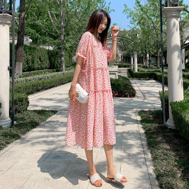 Pregnant Woman Foreign Dress 2022 Summer Clothing Super Fairy's Long version of Snow Textile Broken Flower Gestation in the Late Breastfeeding Summer Skirt Tide Moms