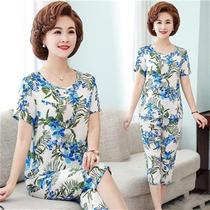  Middle-aged and elderly womens cotton-padded short-sleeved suit Mom t mom outfit 50-year-old elderly grandmother outfit top pants two-piece suit