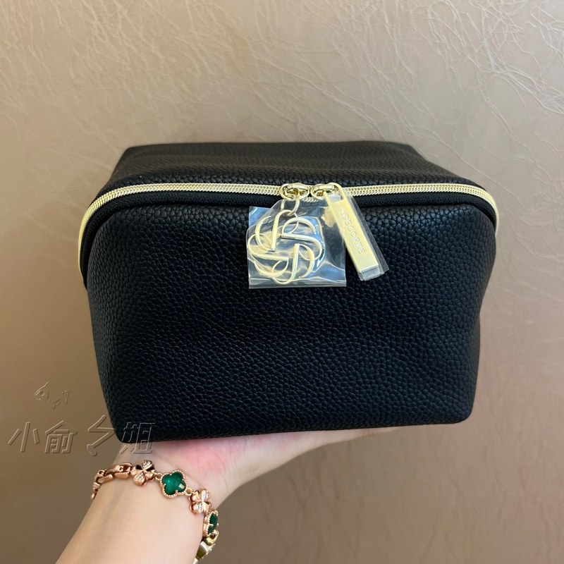 Decorte Black Lychee Pattern Pu Leather Makeup Bag Open-Top Women's Zipper Cube-Shaped Large Capacity Storage Box Bag