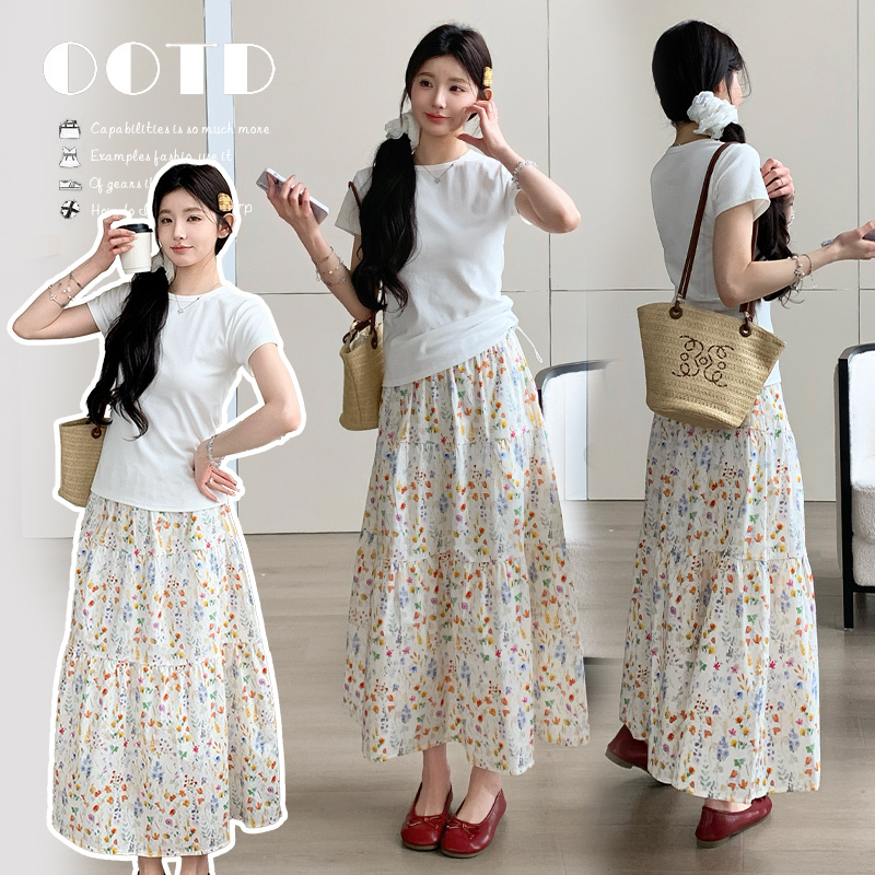 Maternity Wear Summer 2026 New Casual Korean Style Suit T-Shirt Top Retro Outfit Floral Skirt Suit
