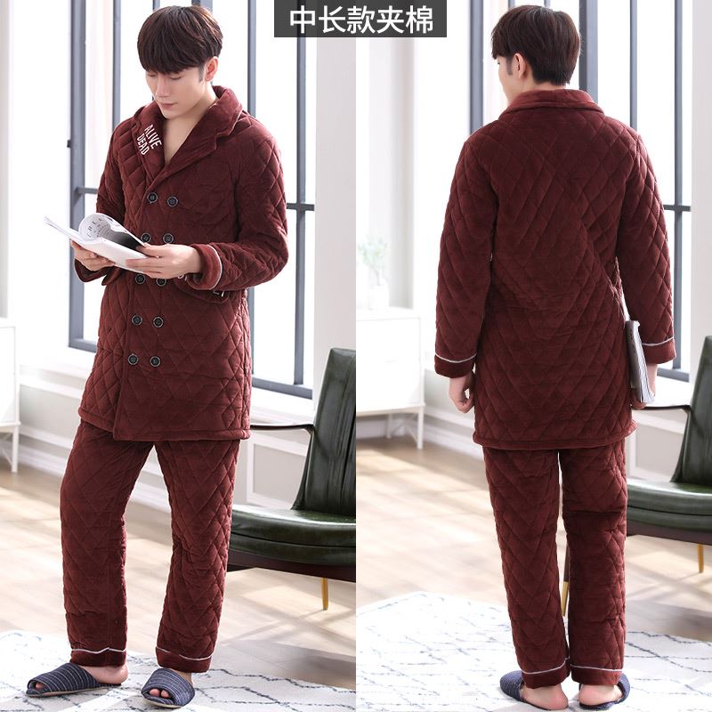 Mens đồ ngủ mens mùa đông mặc bộ đồ ngủ mùa đông ba lớp dày sang trọng san hô nhung bông bộ flannel để giữ ấm.