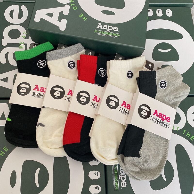 Trendy Socks, Mid-Calf Men's Socks, Ape Head Boat Socks, Breathable Thin Socks, Embroidered Badge Sports Socks, Women's Socks