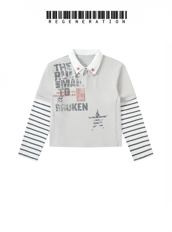 Regen Zone 26Ss Fake Two-Piece Digital Slogan Polo Long Sleeve