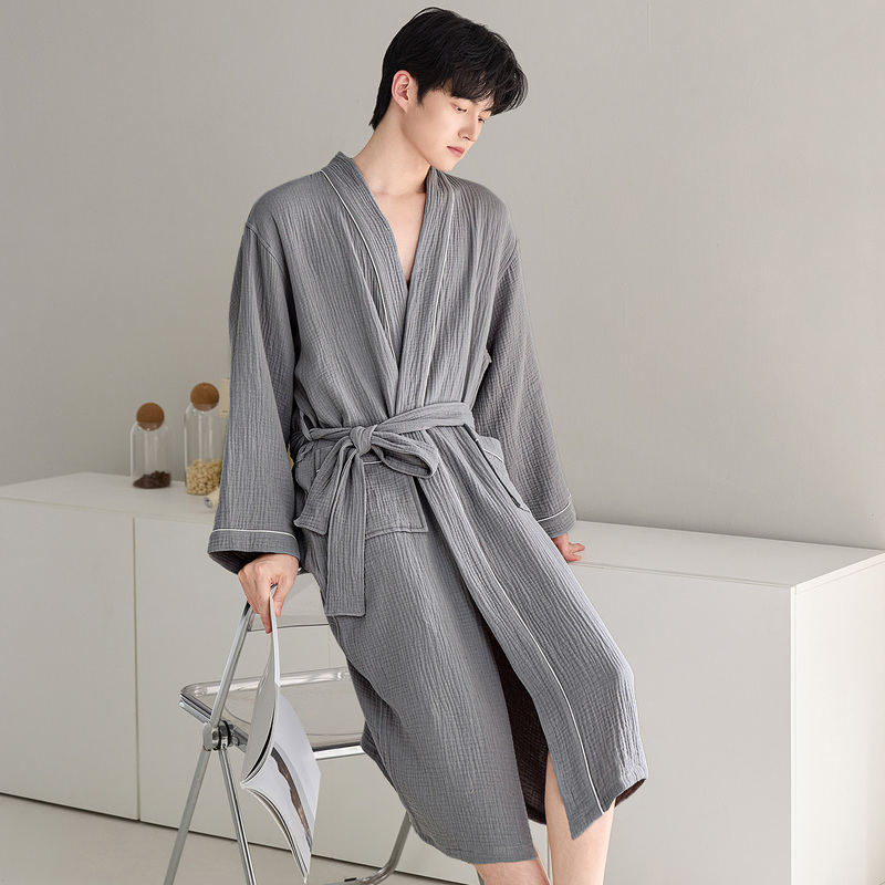 Pure Cotton Men's Bathrobe, Autumn and Winter, Absorbent, Quick-Drying, Long Nightgown, Hotel Adult Large Size Bathrobe, Wrap-Around Home Bathrobe