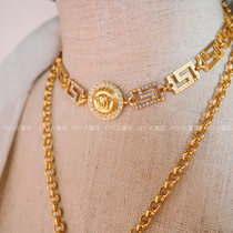 (Heavy Industry goods) re-engraved antique copper gold-plated Lilith head crystal diamond choker sweater chain long necklace