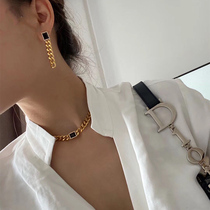 (Tough goods) designer brand texture European and American style earrings thick with diamond black agate chain choker necklace