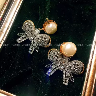 (temperament style)Guo Bi Ting with the same bow crystal diamond wedding ear clip hole-free earring ear needle female socialite