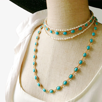 (Original) re-engraved vintage wind blue stone natural pearl choker three-layer necklace neck chain sweater chain female