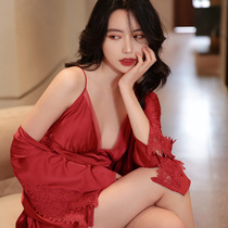 A different style of sexy red pajamas womens summer ice silk suspender night dress two-piece set of thin nightgown home clothes