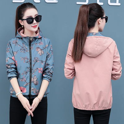 春秋新款女装印花两面穿夹克女连帽外套