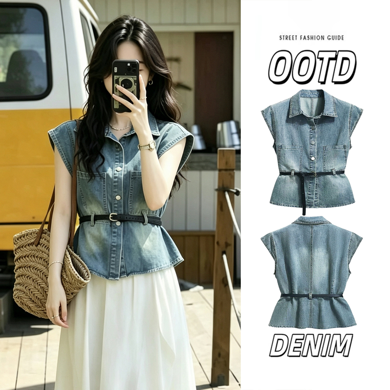 Women's Thin Denim Vest with Flutter Sleeves, Summer Vintage Design, Waist-Cinching Tie, Sleeveless Shirt Top Women's Thin Denim Vest with Flutter Sleeves, Summer Vintage Design, Waist-Cinching Tie, Sleeveless Shirt Top
