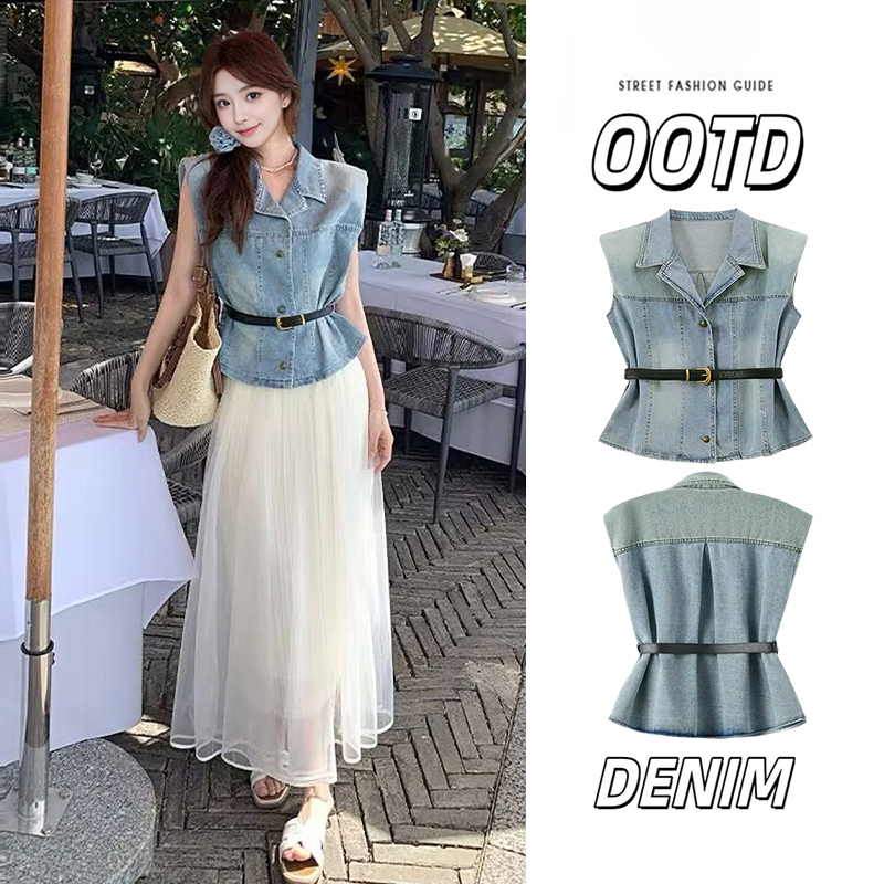 Summer Vest for Women, Thin Style, Petite, Stylish, Age-Reducing, Sleeveless, Waist-Cinching, Tie-Up, Short, Lapel, Denim Vest Shirt