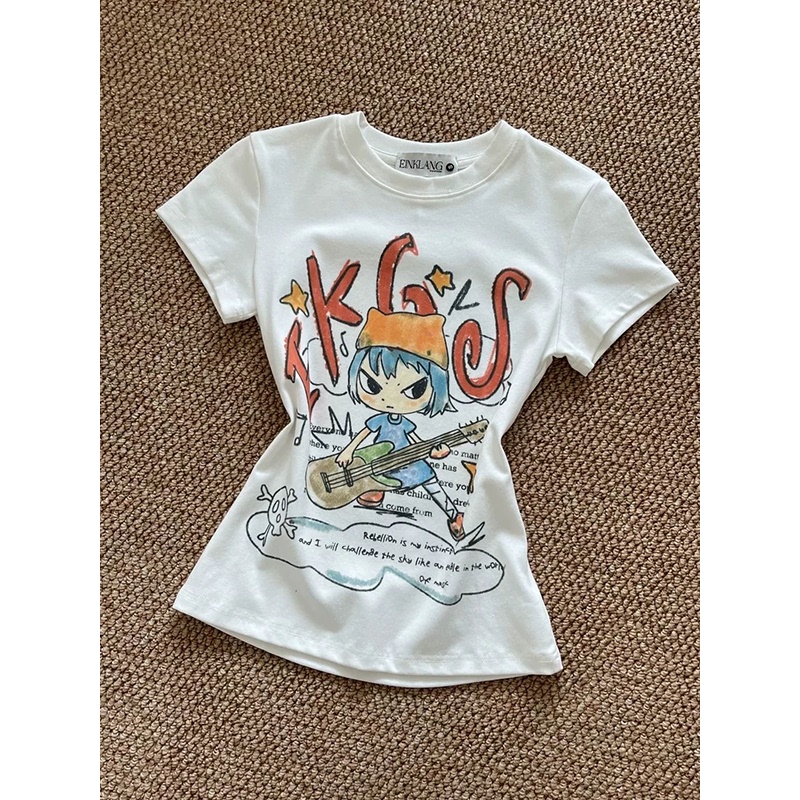 Sweet and Spicy Style Cartoon Colorful Graffiti Print Short-Sleeve T-Shirt for Women, New Summer Model, Regular Shoulder, Dopamine Waist-Cinching Top, Trendy