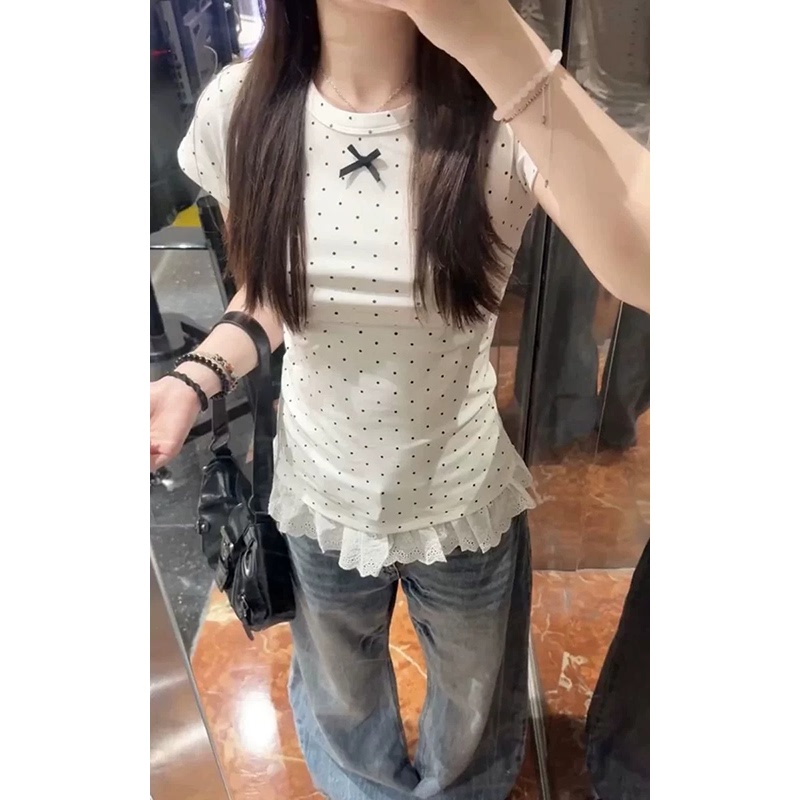 Bow-Tie Waist-Cinching Slim-Fit Korean-Style White Polka Dot Lace-Trimmed Short-Sleeve T-Shirt for Women 2026 New Top for Women ins