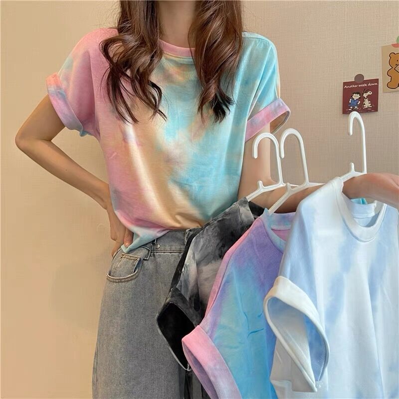 2026 Early Spring New Tie-Dye Short-Sleeved T-Shirt Women's Summer Design Niche Unique Loose Short Top for Women