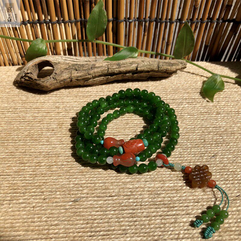 (Support re-inspection) Xishi Xinjiang Hetian yu sheep fat jade sugar jade topaz blue flower seed material jasper 108 hand string