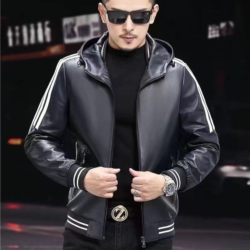 Autumn and Winter New Striped Patchwork Hooded Leather Jacket for Men, Short Style, Versatile Casual Slim-Fit Stylish Hooded Coat Autumn and Winter New Striped Patchwork Hooded Leather Jacket for Men, Short Style, Versatile Casual Slim-Fit Stylish Hooded Coat
