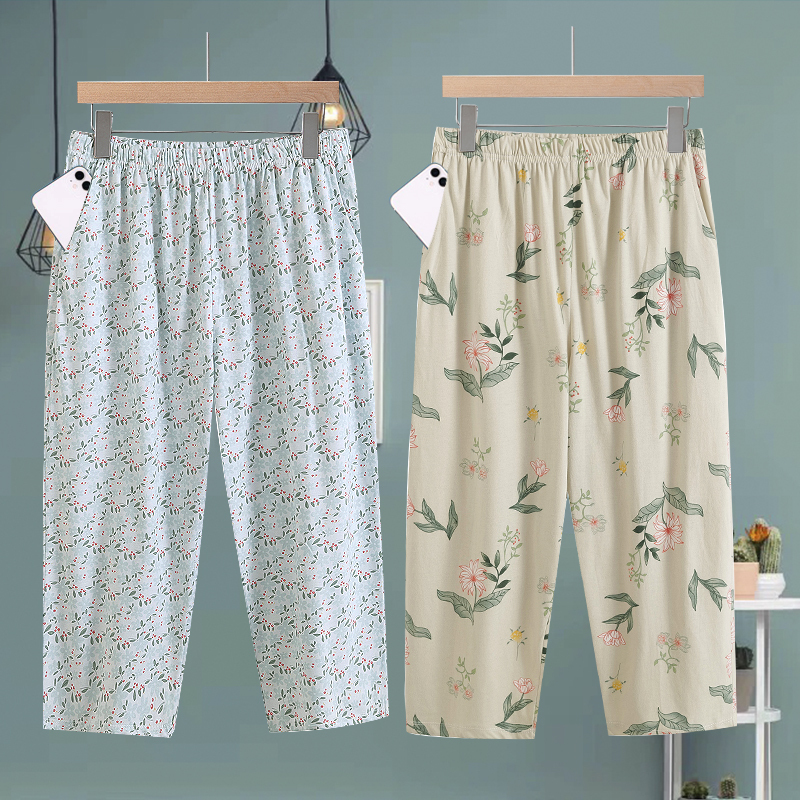Middle-Aged and Elderly Women's Pajamas and Sleep Pants Can Be Worn Outside, Made of Thin Cotton, Loose Cardigan Long Pants, Summer Air-Conditioning Pants, Capri Pants