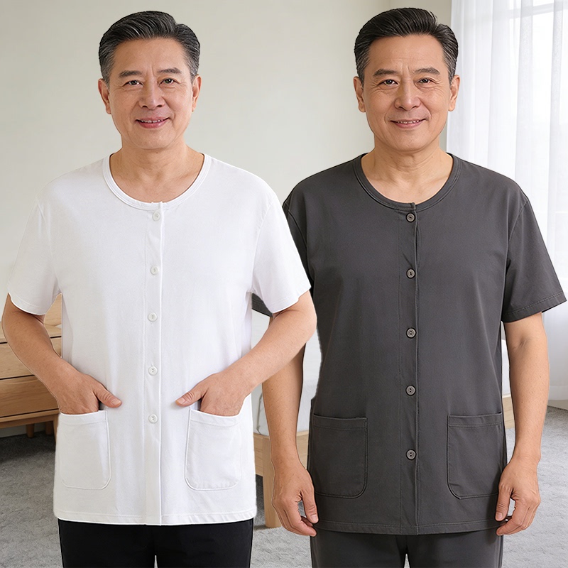 Elderly Men's Short-Sleeved Cotton Cardigan Pajama Top, Summer Loose-Fitting Large Size Air-Conditioning Shirt with Front Buttons