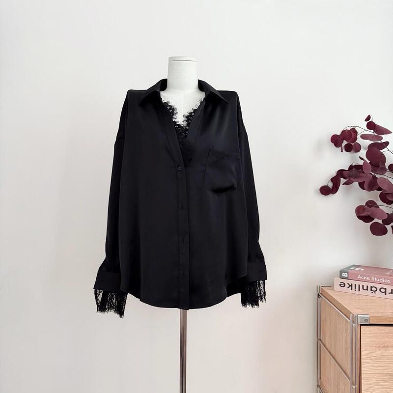 Pure Lust Style Sexy Lace Splicing Long-Sleeved Shirt for Women 2025 New Spring and Summer Design Slim Fit Top Trendy