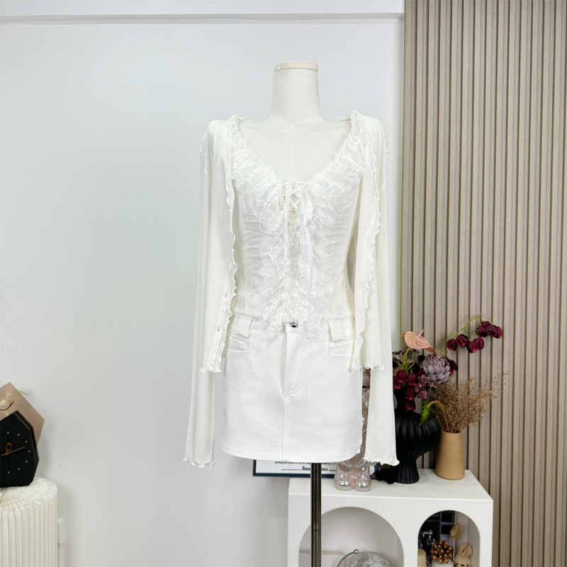 Hll Rose Design-Inspired Niche Long-Sleeve Sun-Protective Lace Set for Women, New Summer White Bodycon Skirt Three-Piece Set