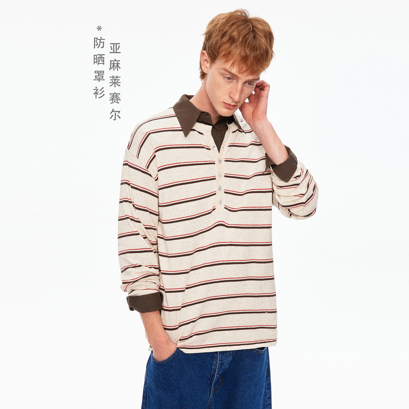 Madwitch Linen Blend Color-Block Striped Knit Long-Sleeve Top Unisex Loose Casual Workwear T-Shirt ins