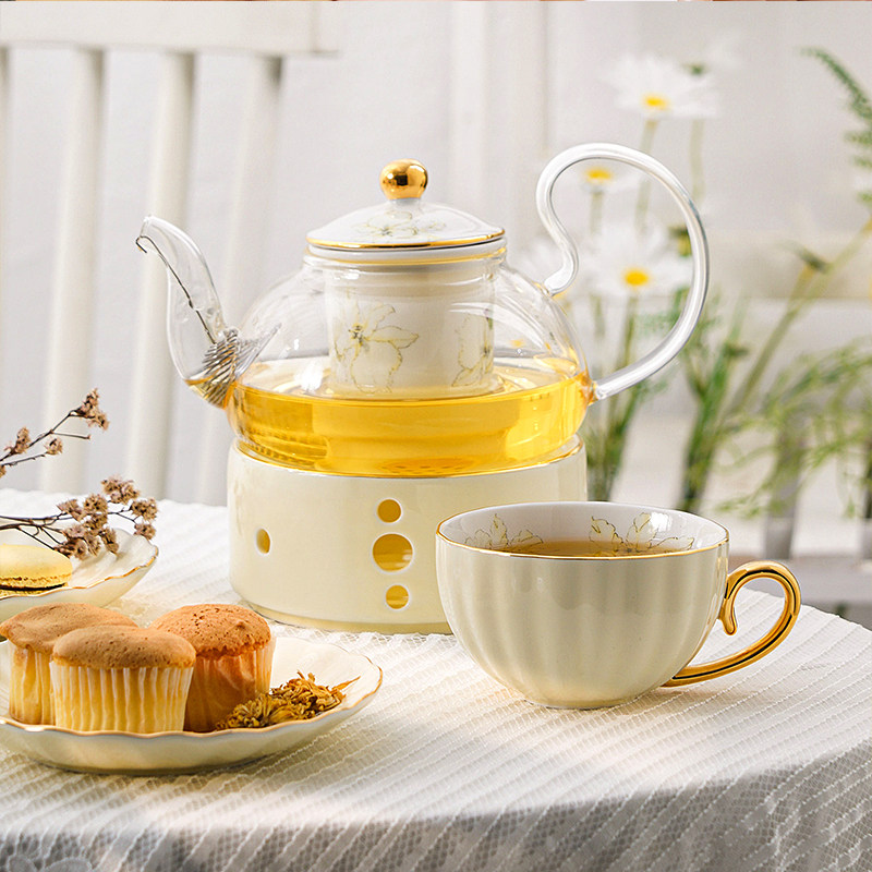 White ceramic fruit teapot European glass cup set ceramic household tea special tea candle heating