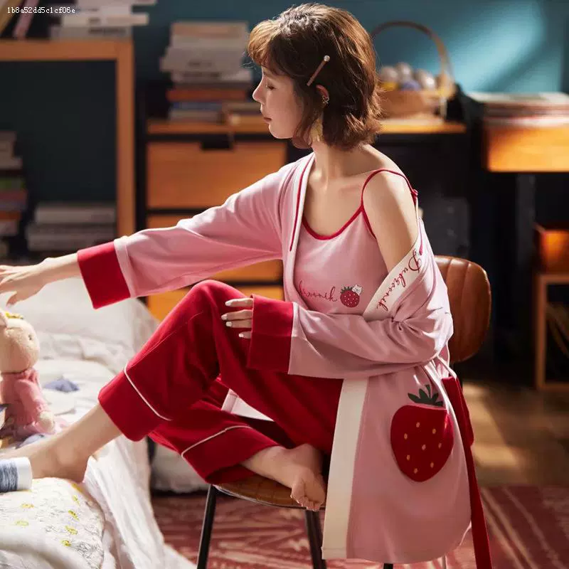Quần áo bầu, cotton tinh khiết, dịch vụ tại nhà cho bà bầu sau sinh, đồ ngủ cho con bú mùa xuân, thu đông, bộ đồ ba mảnh cho bà bầu - Giải trí mặc / Mum mặc