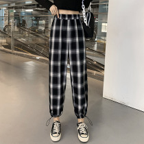 Plaid drawstring pants womens loose straight tube wide leg Harun nine points sports casual pants spring and autumn 2021 new pants