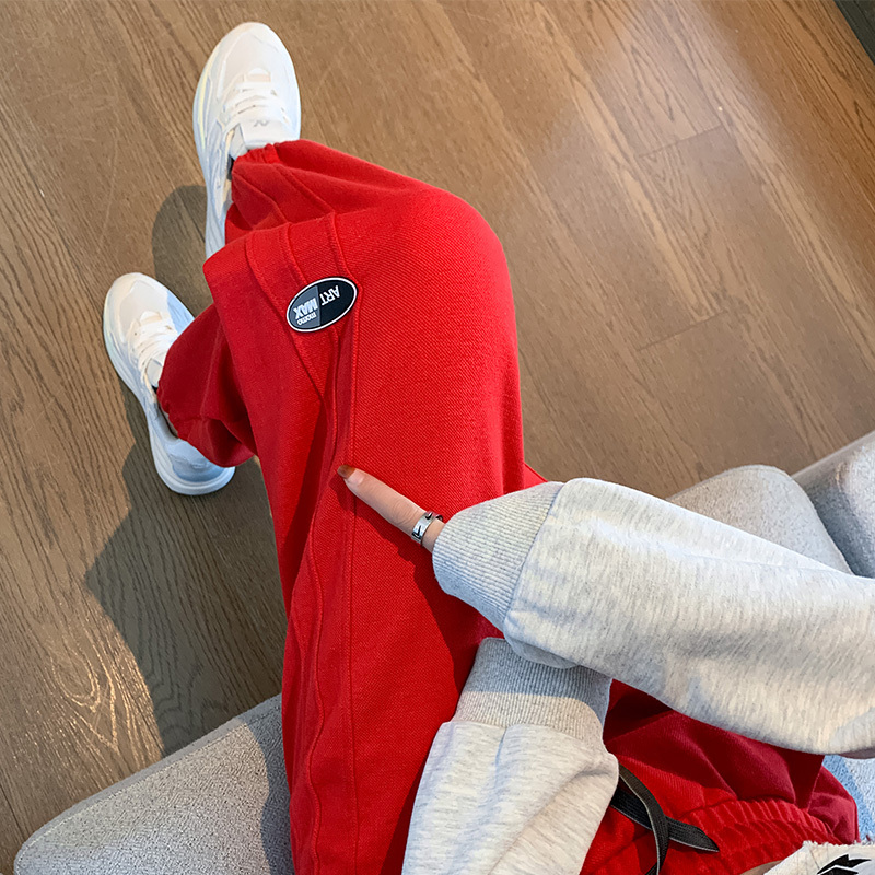 Fleece-Lined Women's Sweatpants 2025 Autumn and Winter Red Trendy Brand Pants Slimming Joggers for Petite Women Thickened Sweatpants