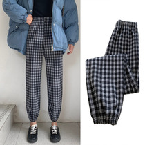 Plaid woolen pants womens 2021 new autumn and winter nine-point wide-legged thin high-waist loose-legged trousers harem pants