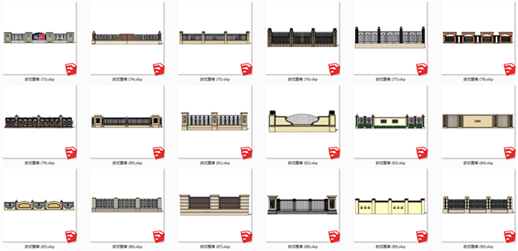 T434现代欧式风格围墙SU模型新古典风英法式小区围栏SKP格...-11