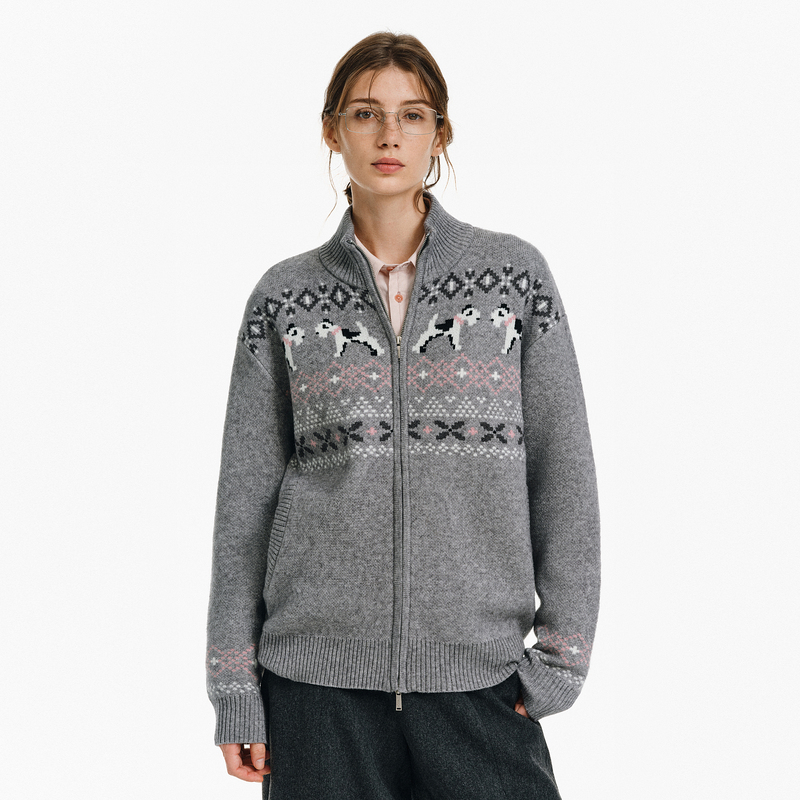 Pclp『Fair Isle』Modern Retro Puppy Fair Isle Stand-Up Collar Cardigan Sweater Autumn and Winter Knitted Jacket