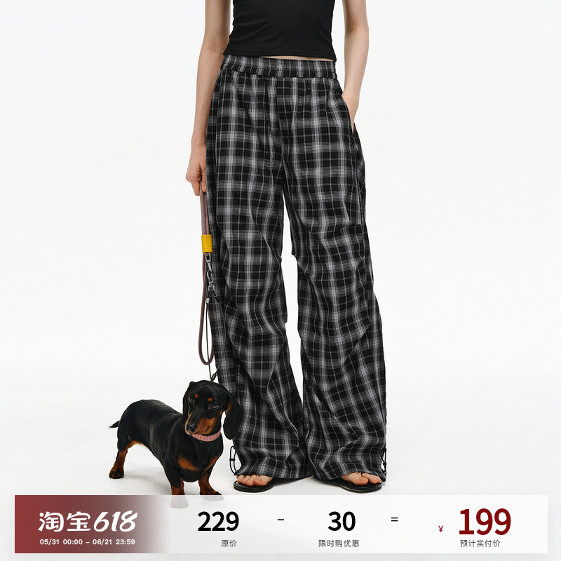 Pclp Plaid Banana Paratrooper Pants Trendy Loose Straight-Leg Pants Color-Blocked Plaid Elastic Waist Wide-Leg Casual Pants