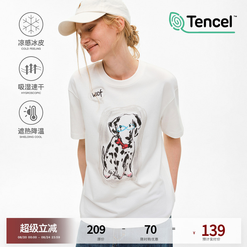 Pclp Retro Crayon Hand-Painted Dalmatian Fun Print T-Shirt Top, Summer Loose and Versatile Short-Sleeved Shirt