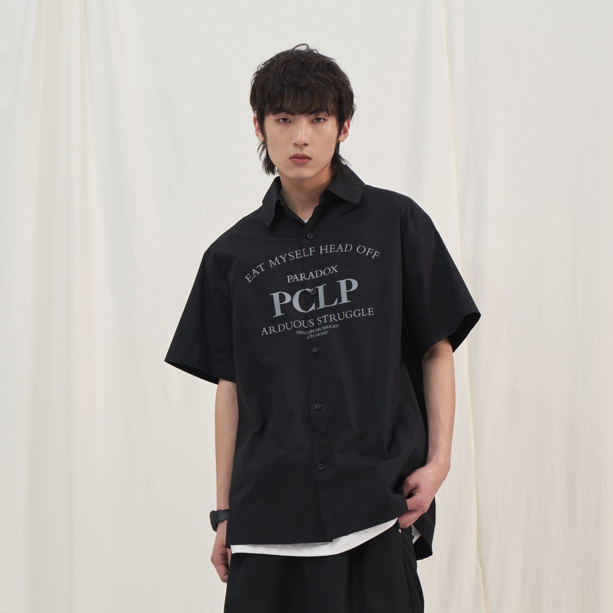 PCLP Letter Printed Short Sleeve Shirt Country Tide Card Summer Casual Loose Loose Half Sleeve Shirt Man