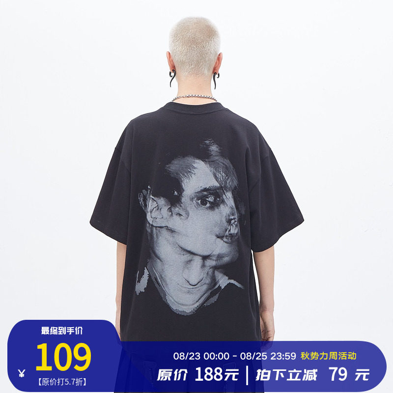 PCLP Fuzzy Portrait Short Sleeve National Tide Brand Back Print Loose Black Cotton Round Neck Half Sleeve T-Shirt Men