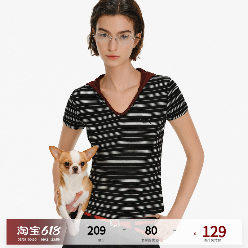 Pclp Lyocell Tencel Color-Block Striped Hooded Short-Sleeve Women's Summer Slim-Fit T-Shirt