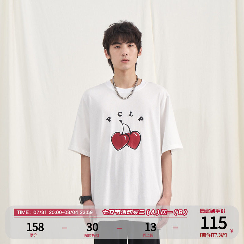 PCLP cherry LOGO printed short sleeve country tide card trendy pure cotton loose round collar half sleeve T-shirt