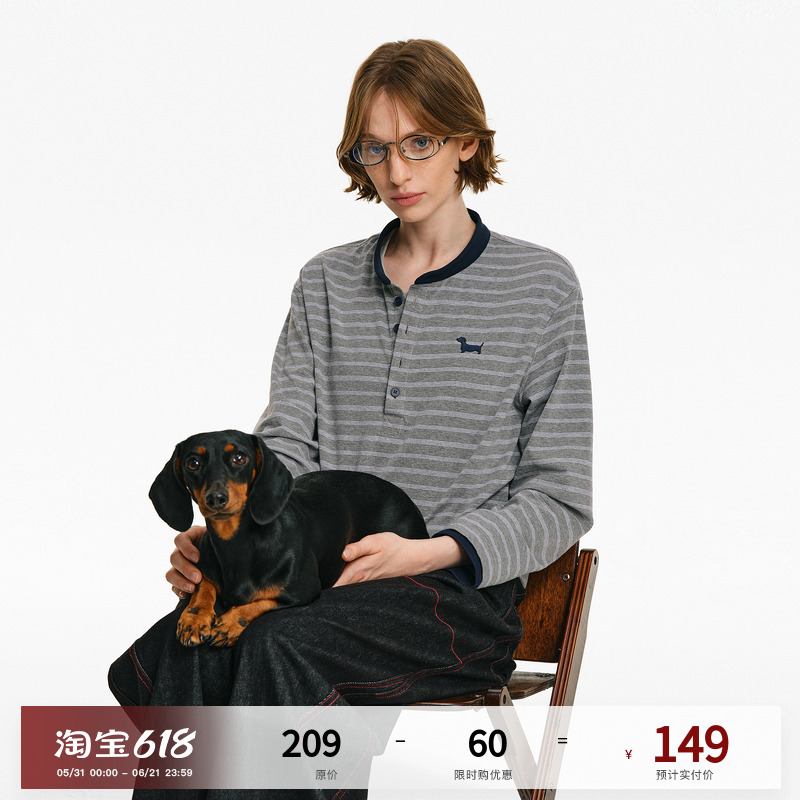Pclp Henry Collar Striped Long-Sleeve Spring and Autumn Trendy Retro Loose Slimming Unisex T-Shirt Top Pclp Henry Collar Striped Long-Sleeve Spring and Autumn Trendy Retro Loose Slimming Unisex T-Shirt Top